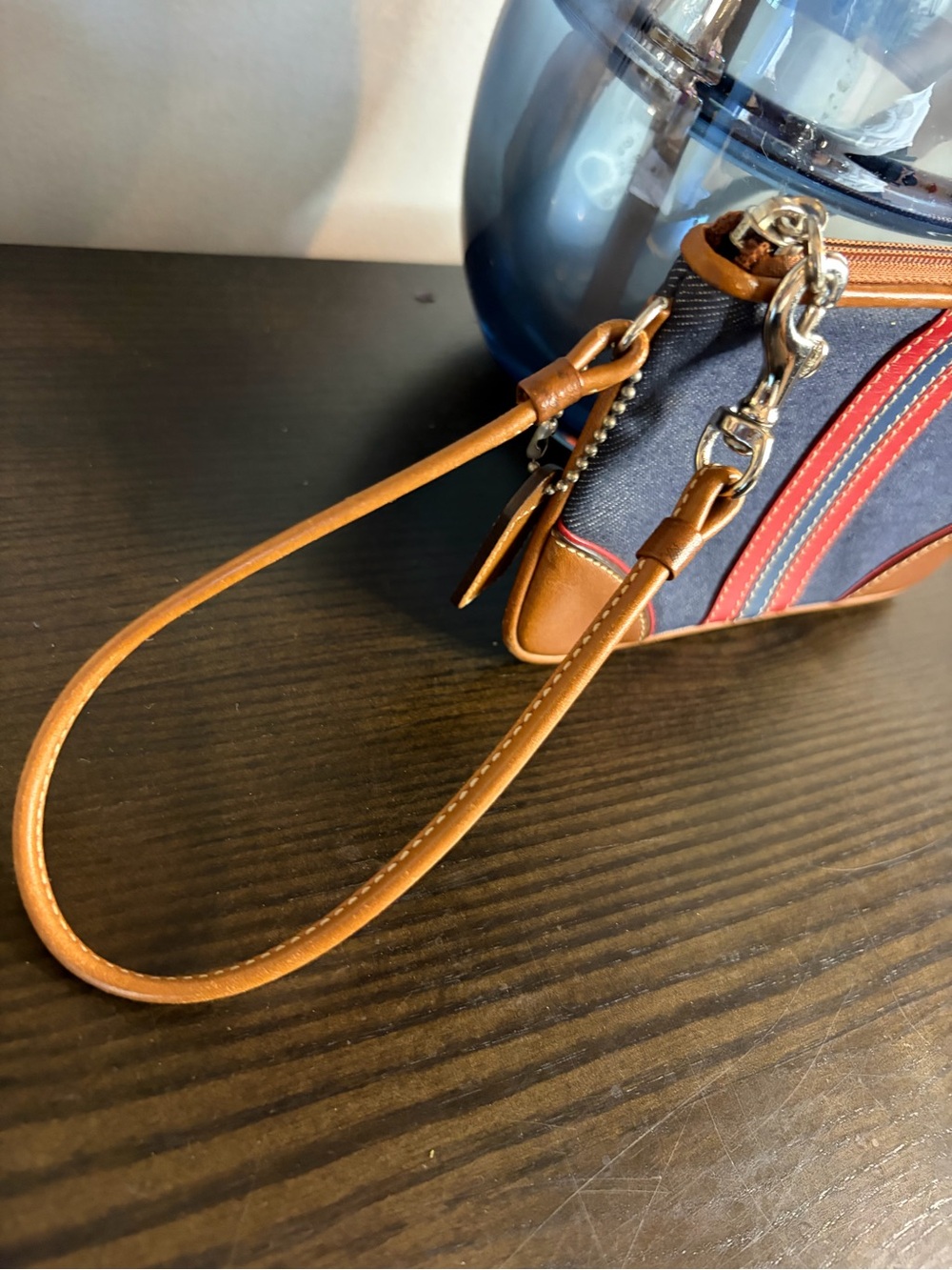 Coach Denim Wristlet with Tan Leather and Red Stripe Y2K - Picture 4 of 10